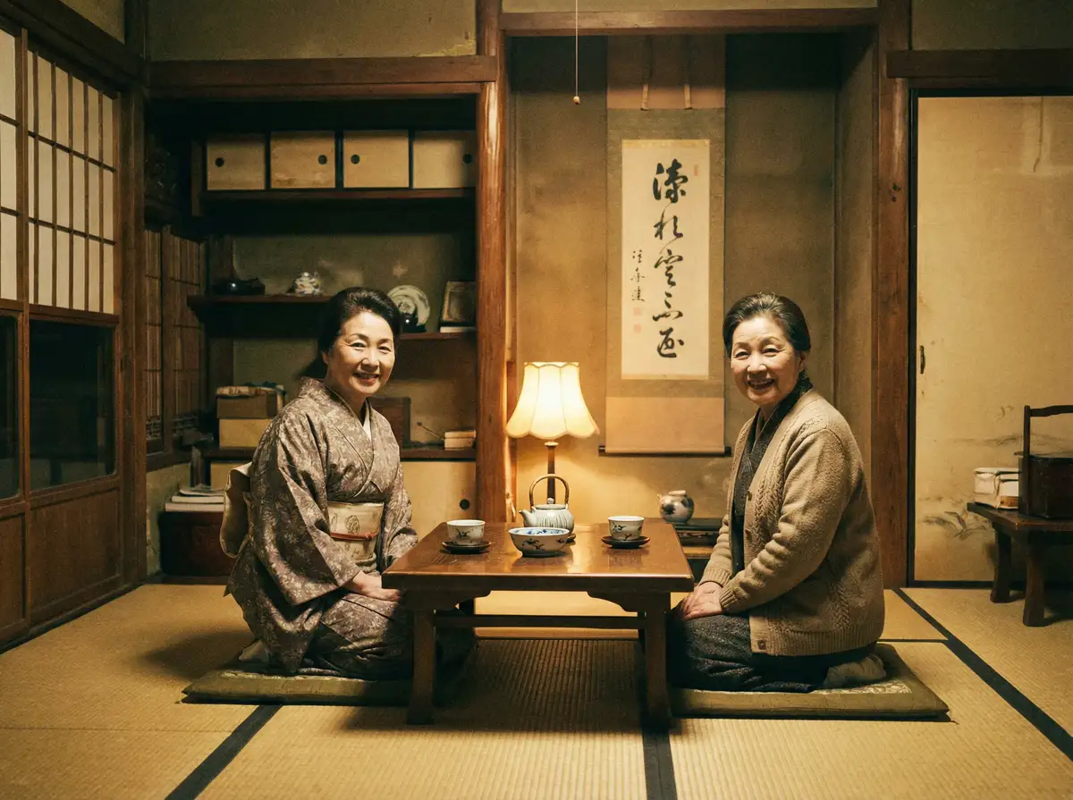 两位优雅的 dafabet大發平台 在日式茶室中品茶交谈